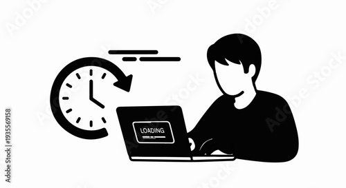 Person looking at laptop with clock and loading bar