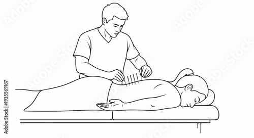 Person lying down receives acupuncture treatment on back from practitioner