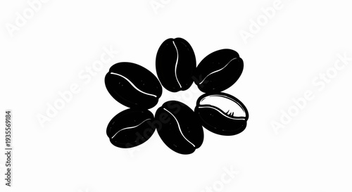 Seven stylized black coffee beans arranged in a circular pattern