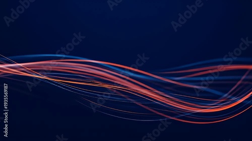 Abstract wave of red and blue light trails on a dark blue gradient background