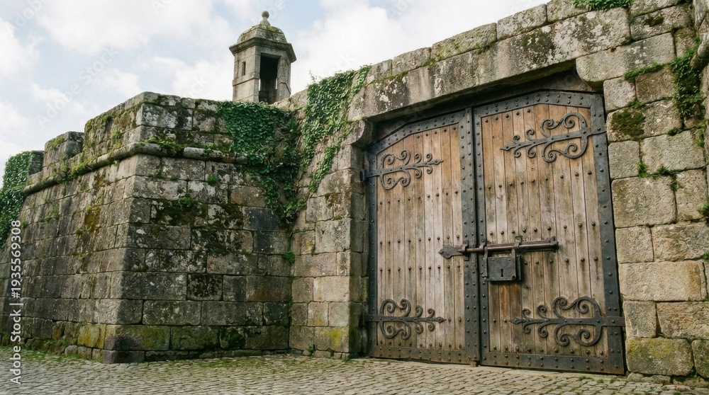 Fototapeta premium Ancient city gate with a stone wall and small tower. Entrance to historical jerusalem or biblical times settlement concept.