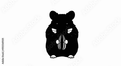 A black silhouette of a fluffy hamster holding sunflower seeds