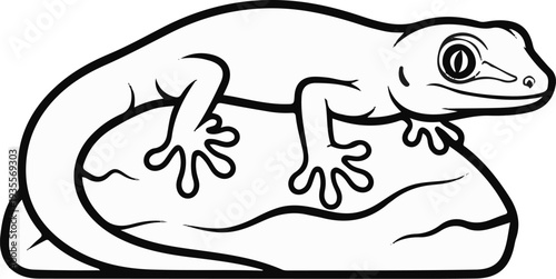 A cartoon gecko with large eyes sits on a rounded rock, its tail curled