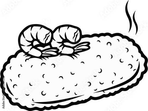 Stylized drawing of two shrimp atop a textured, round food item with steam