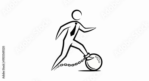 Stylized figure in suit, chained to a ball and chain, walks forward