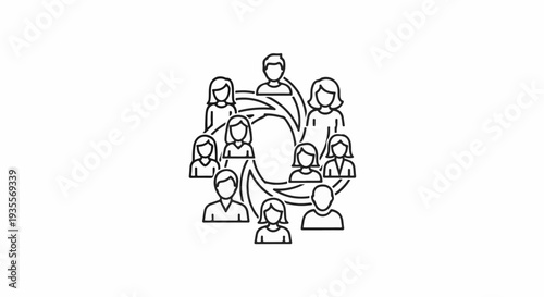 Stylized group of diverse people arranged in a circle around a central swirl