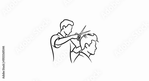 Stylized line art depicts a barber cutting a client's hair with scissors