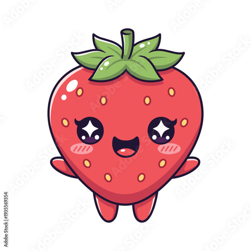 Cute red strawberry character with green leaves and animated face