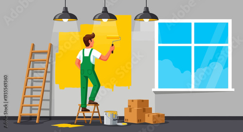 Illustration of a man painting a wall yellow with a roller in a room with a ladder and boxes