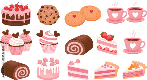 Cute vector illustration set of pink desserts and coffee featuring cherry cake, heart cookies, cupcakes with chocolate hearts, swiss rolls, strawberry cake slices, and latte cups.