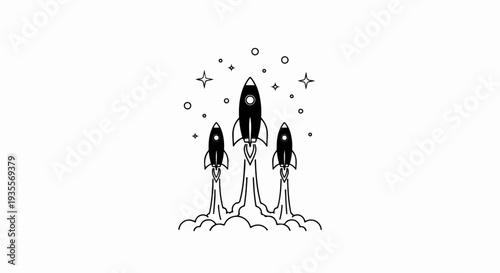 Three rockets launch, ascending into a starry sky with circles