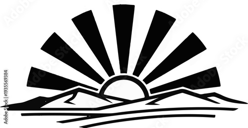 Stylized sun rising over mountains and water