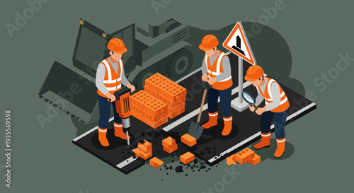 Illustration of construction workers repairing road with bricks and tools
