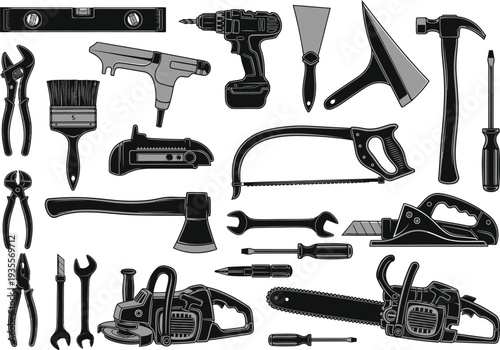 Collection of construction and DIY tools in silhouette, including a drill, saw, hammer, and wrenches, for repair and building projects.