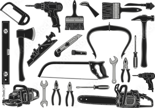 Arrangement of various black and white tools for construction and repair, including saws, drills, hammers, and measuring instruments.