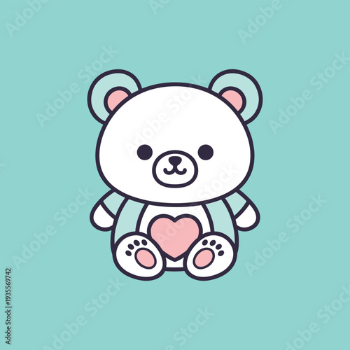 Cute white cartoon bear with heart on belly sitting light teal background