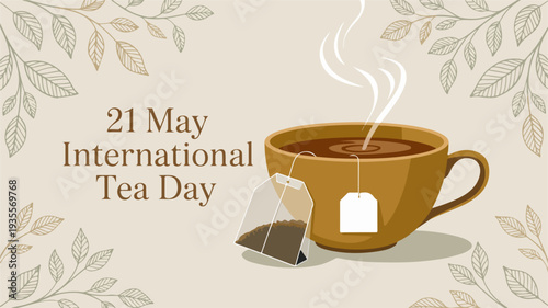 International tea day may 21st vector illustration banner with steaming cup and teabag on beige background with leaf patterns