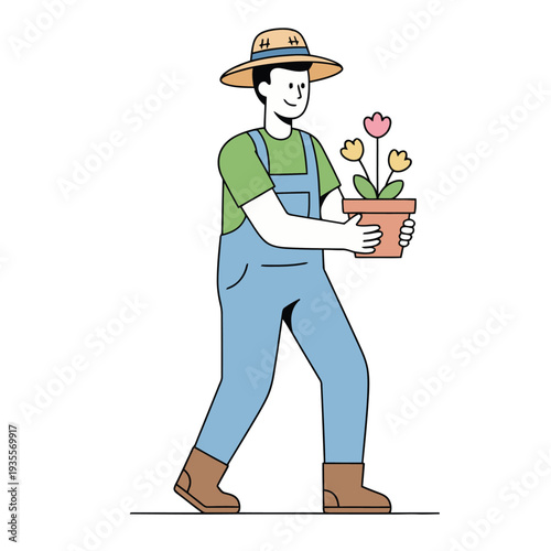 Minimal flat vector illustration of farmer holding flower pot with blooming flowers, gardening and plant care concept isolated on light background.