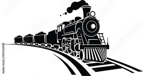 Vintage steam train locomotive pulling coal cars on curved tracks, black and white silhouette