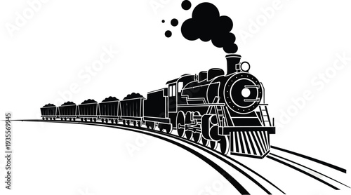 Old-fashioned steam engine train with multiple coal carriages, stylized black vector graphic