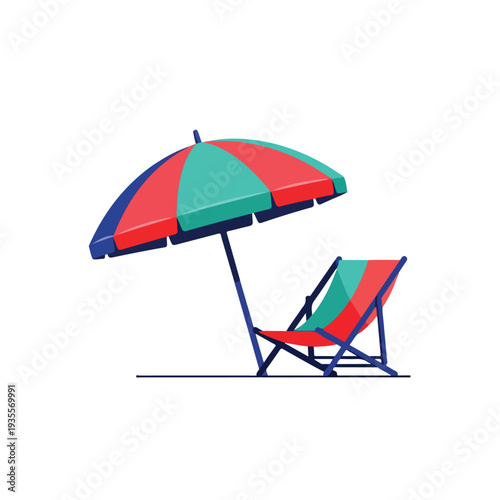 A tropical beach umbrella and chair, flat design, single scene element, vector illustration, white background, solid vibrant colors.