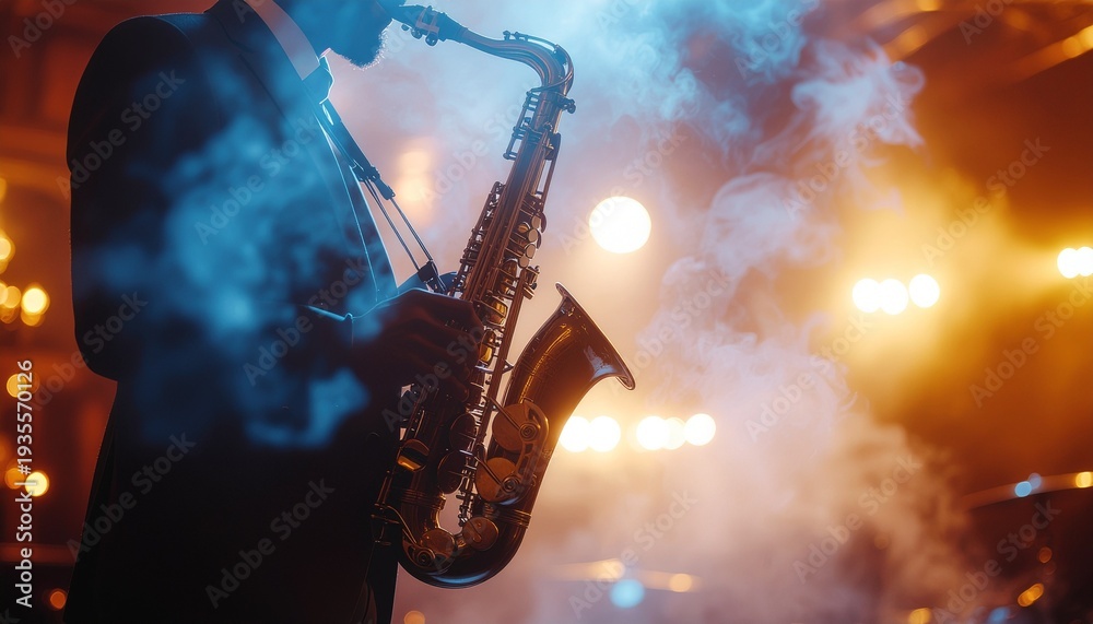 Obraz premium Saxophonist performing on stage with dramatic smoke and lights
