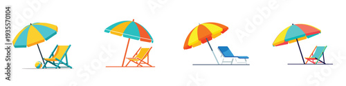 A tropical beach umbrella and chair, flat design, single scene element, vector illustration, white background, solid vibrant colors.