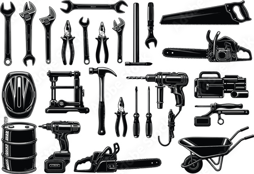 Construction and Repair Tools: Vector Silhouettes of Essential Equipment for Building and Maintenance Work