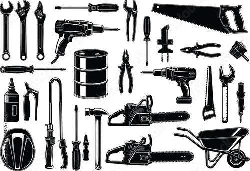 Tool Icons: A Comprehensive Collection of Black and White Silhouettes for Construction, Repair, and DIY Projects