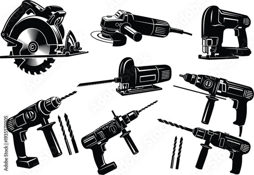 Collection of black and white vector illustrations of various power tools: circular saw, angle grinder, jig saw, and drills.