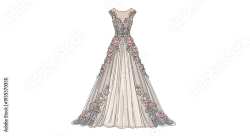 Elegant Formal Ball Gown with Floral Embroidered Details.