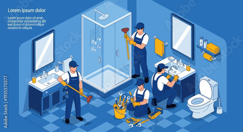 Isometric illustration of three workers cleaning a bathroom with various tools and equipment