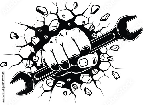 Hand Crushing Wall with Wrench, Symbol of Repair, Construction, and Breaking Barriers