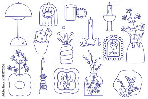 hand drawn home decor doodle set with lamp, candles, plants, frames and vases, outline sketch collection of cozy interior elements isolated on white background