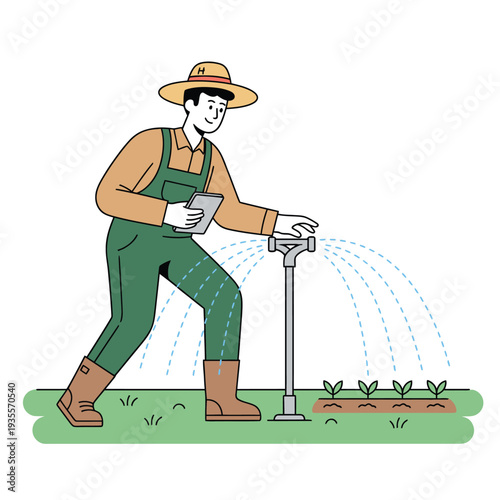 Minimal flat vector illustration of farmer adjusting irrigation sprinkler while holding tablet, smart farming and modern agriculture technology concept.