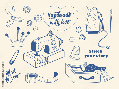 Sewing clipart collection with machine, scissors, iron and tools. Blue line illustration for handmade craft, hobby, print, card and design projects.