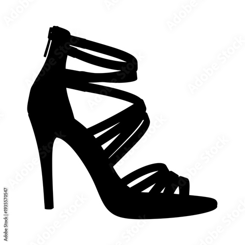 Elegant Black High Heel Sandal Silhouette Isolated on White Background.