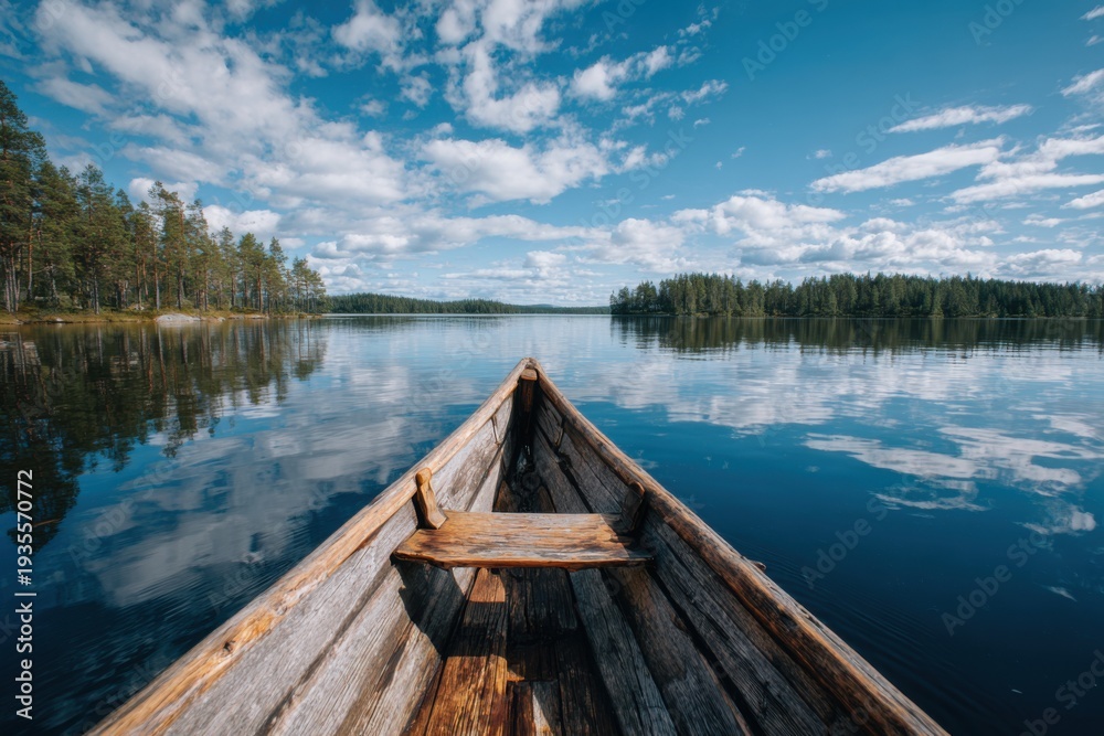 Obraz premium Wooden canoe on calm lake with forest and blue sky