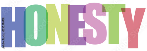 Overlapping colorful letters spell out H O N E S T Y