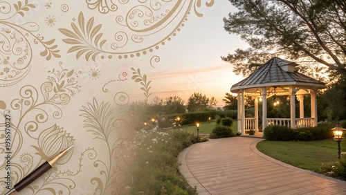 Gazebo in garden under sunset with decorative paper and pen - Concept of wedding  