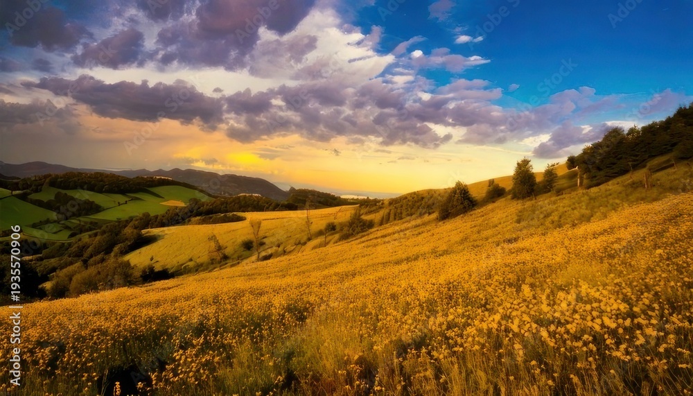 Fototapeta premium Golden Fields Under a Dramatic Sky - A Landscape of Serenity.