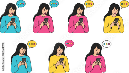 Flat vector illustration set of a young woman looking at her smartphone with colorful typing speech bubbles, depicting online communication, texting, and mobile chatting.