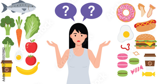 Flat vector illustration of a confused woman choosing between healthy diet options like vegetables, fruits, and fish versus junk food like donuts, burgers, and sweets.