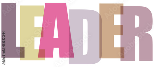 Overlapping letters L E A D E R in muted pastel colors