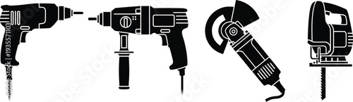 Silhouettes of power tools including drills, an angle grinder, and a jigsaw, representing construction and industry