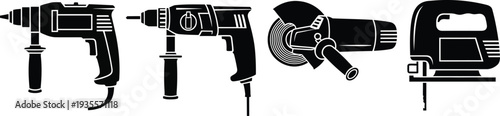 Black silhouette icons of power tools: drill, hammer drill, angle grinder, and jigsaw for construction and DIY themes