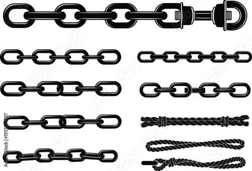 Heavy Duty Black Metal Chain Links and Knotted Rope Sections for Industrial or Nautical Themes