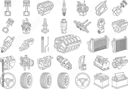 Collection of automotive engine and vehicle parts in a detailed line art style, including engines, pistons, tires, and steering wheels.