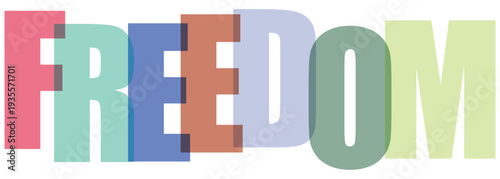Overlapping pastel letters spell F R E D O M on white