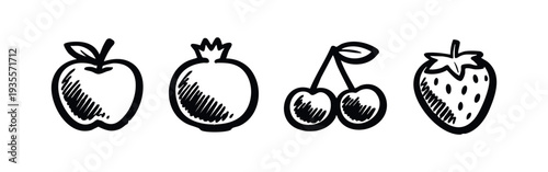 Monochrome Hand-drawn Fruit Icons Set with Apple, Pomegranate, Cherries, and Strawberry.